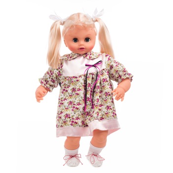 Papusa Mihaela cu imprimeu floral, culoare alb/mov, inaltime 55 cm Papusa Mihaela cu imprimeu floral, culoare alb/mov, inaltime 55 cm