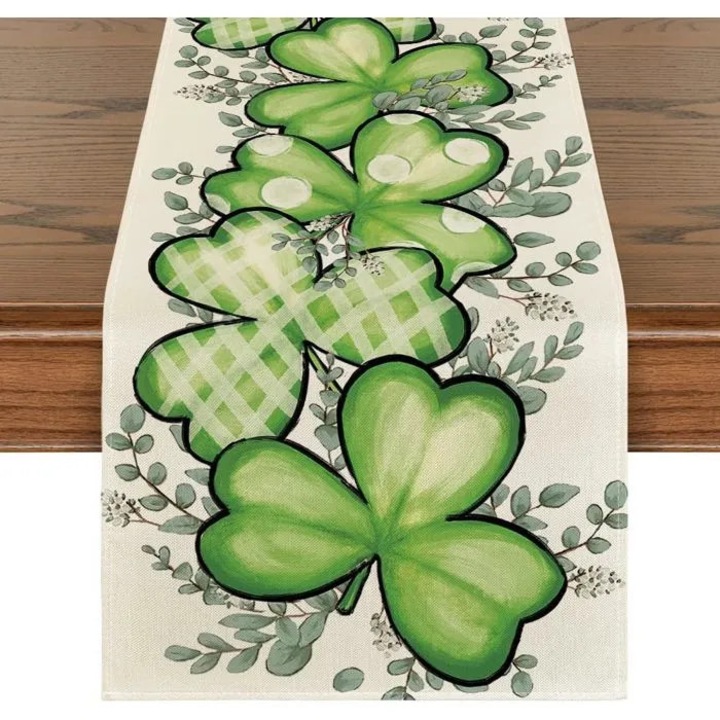 MI-08185752 asztali futó, poliészter, lóhere és eukaliptusz levél mintás kockákkal, zöld/krém, 33 x 183 cm