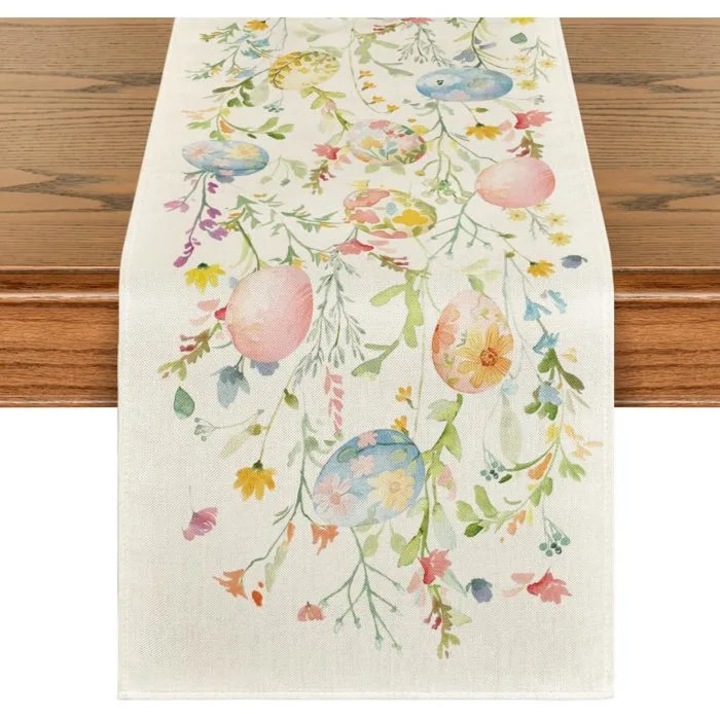 Asztali futó MI-08186013, mosható poliészter puha textúrával, tavaszi virágos mintával és tojásokkal, többszínű elefántcsont, 33 x 183 cm