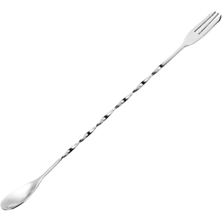 MI-08184011 dupla bárlapát, 304-es rozsdamentes acélból, kanál és villa végek, csavart nyél, 30 cm, ezüst