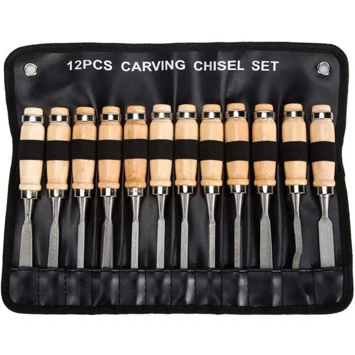 Set dalti pentru lemn MI-08186994, 12 piese, lame din otel carbon cu muchie tesita, manere din lemn, husa neagra, 34.3 x 26.7 cm