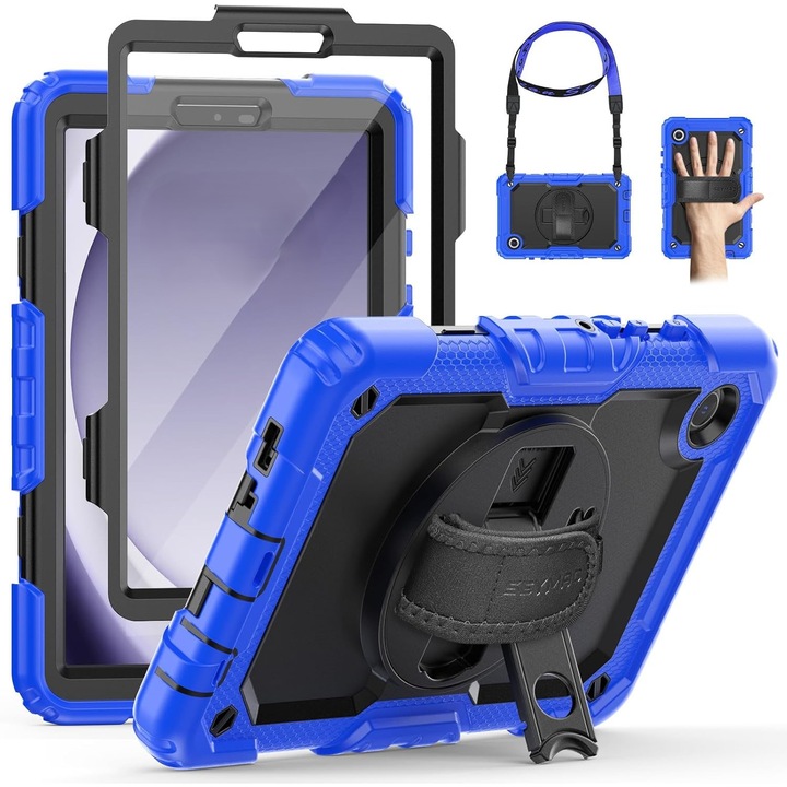 Husa antisoc tableta pentru Samsung Galaxy Tab A7 Lite 8.7" (T220/T225), suport rotativ, maner, curea de umar, albastru