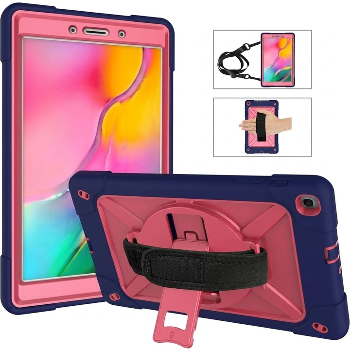 Husa antisoc tableta pentru Samsung Galaxy Tab A 8.0" (2019) (T290/T295), suport rotativ 360°, maner, curea de umar, roz cu bleumarin