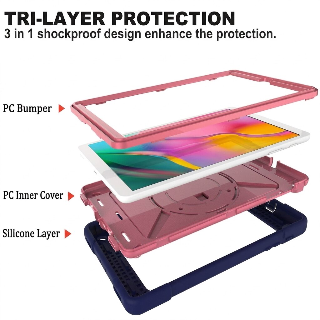 Husa antisoc tableta pentru Samsung Galaxy Tab A 8.0" (2019) (T290/T295), suport rotativ 360°, maner, curea de umar, roz cu bleumarin