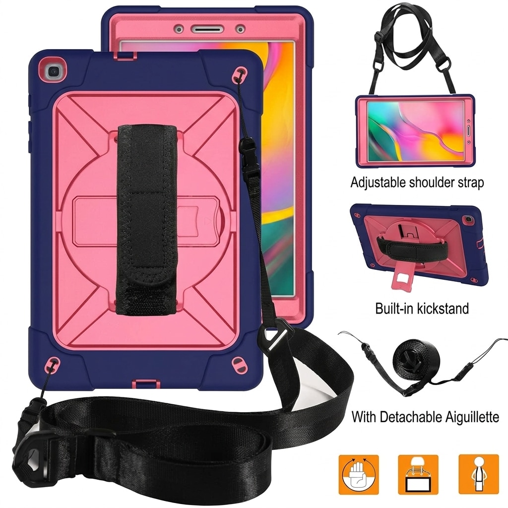 Husa antisoc tableta pentru Samsung Galaxy Tab A 8.0" (2019) (T290/T295), suport rotativ 360°, maner, curea de umar, roz cu bleumarin