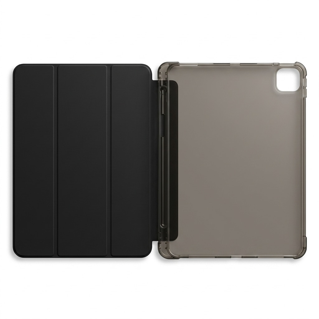 Husa tip carte pentru iPad Pro 11 inch, spate transparent-fumuriu, slot creion, negru