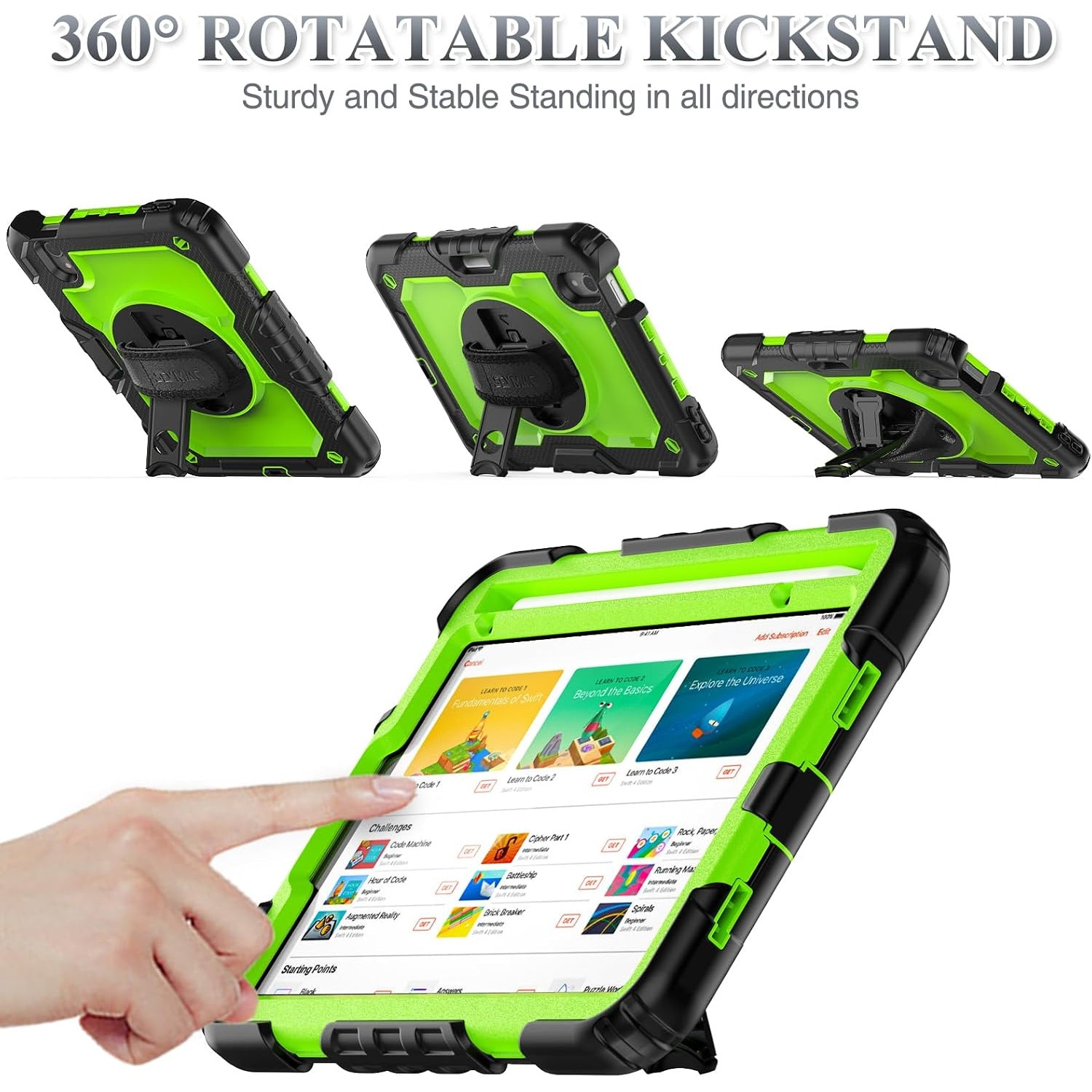 Husa antisoc tableta pentru iPad Mini 6 8.3", suport rotativ 360°, maner, curea de umar, verde