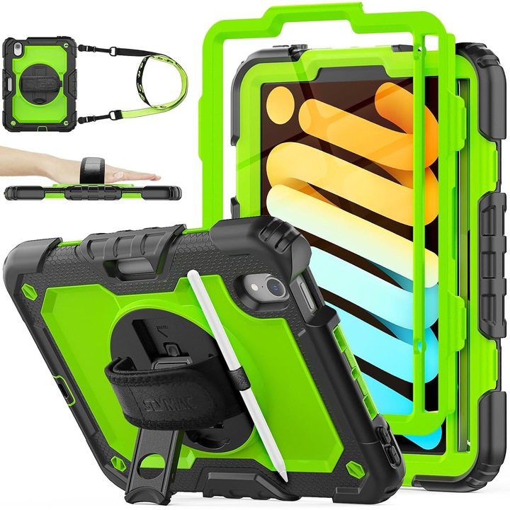 Husa antisoc tableta pentru iPad Mini 6 8.3", suport rotativ 360°, maner, curea de umar, verde