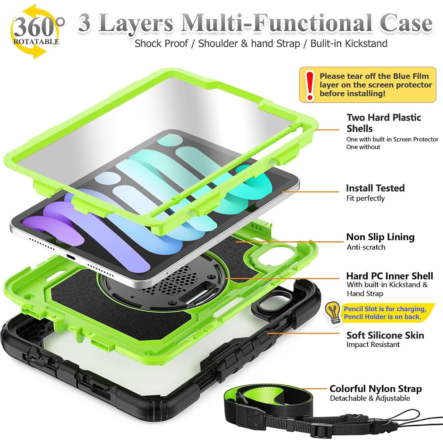 Husa antisoc tableta pentru iPad Mini 6 8.3", suport rotativ 360°, maner, curea de umar, verde