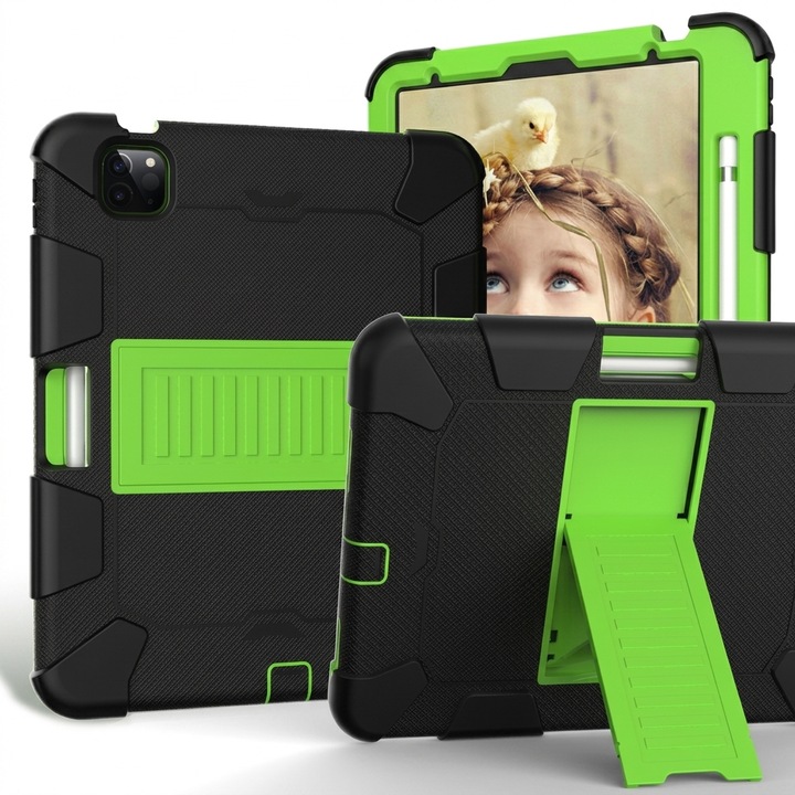 Husa antisoc tableta pentru iPad Air 4/5 10.9" si Pro 11", suport picior, slot creion, negru cu verde