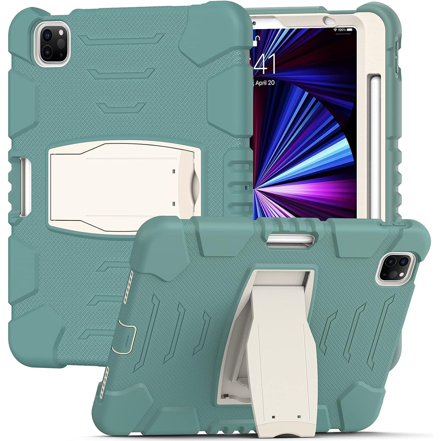 Husa antisoc tableta pentru iPad Air 4/5 10.9" si Pro 11", suport picior 2 unghiuri, slot creion, verde smarald