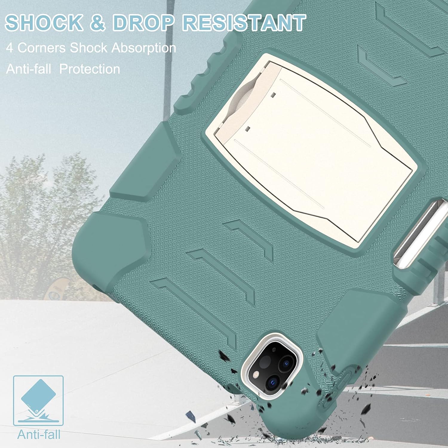 Husa antisoc tableta pentru iPad Air 4/5 10.9" si Pro 11", suport picior 2 unghiuri, slot creion, verde smarald