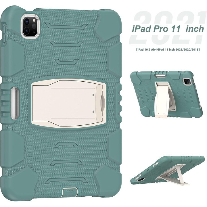Husa antisoc tableta pentru iPad Air 4/5 10.9" si Pro 11", suport picior 2 unghiuri, slot creion, verde smarald