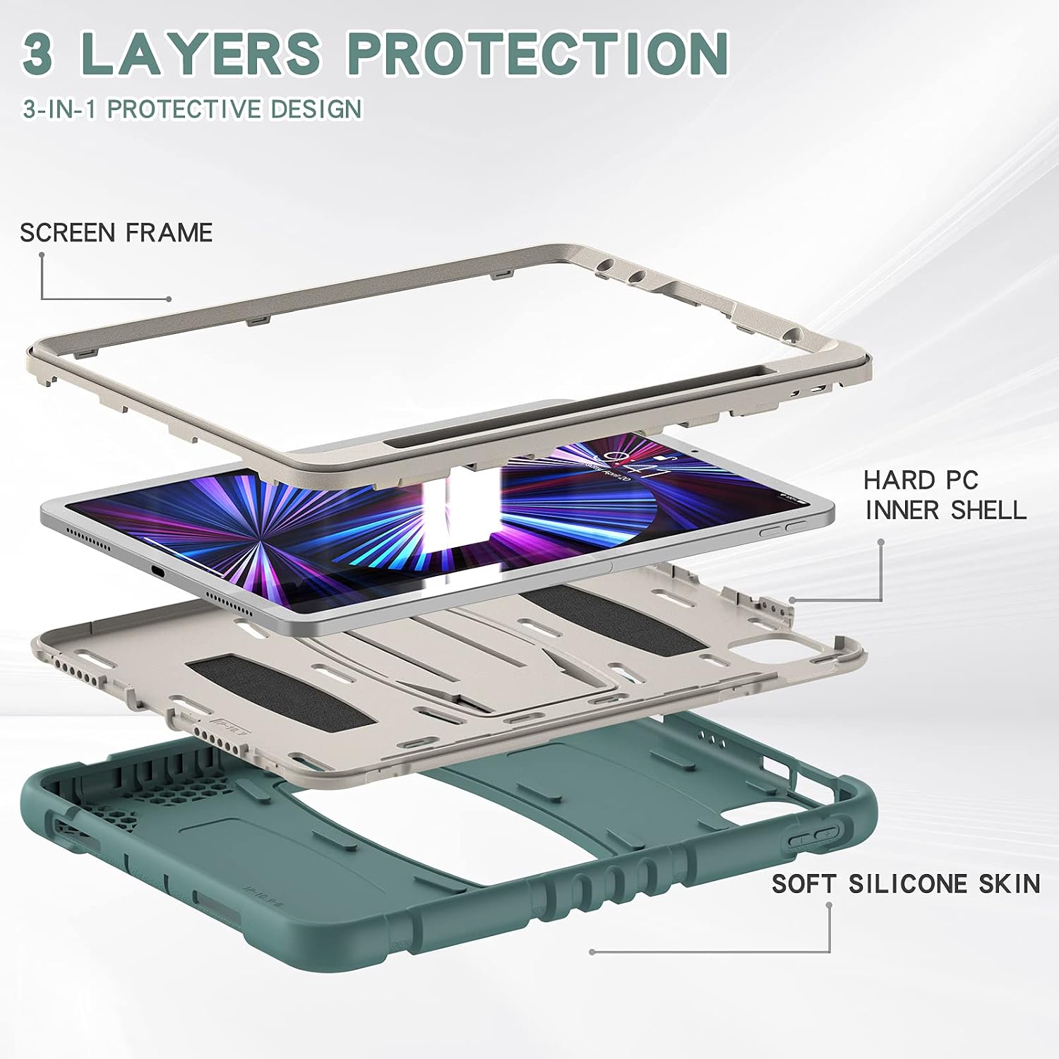 Husa antisoc tableta pentru iPad Air 4/5 10.9" si Pro 11", suport picior 2 unghiuri, slot creion, verde smarald