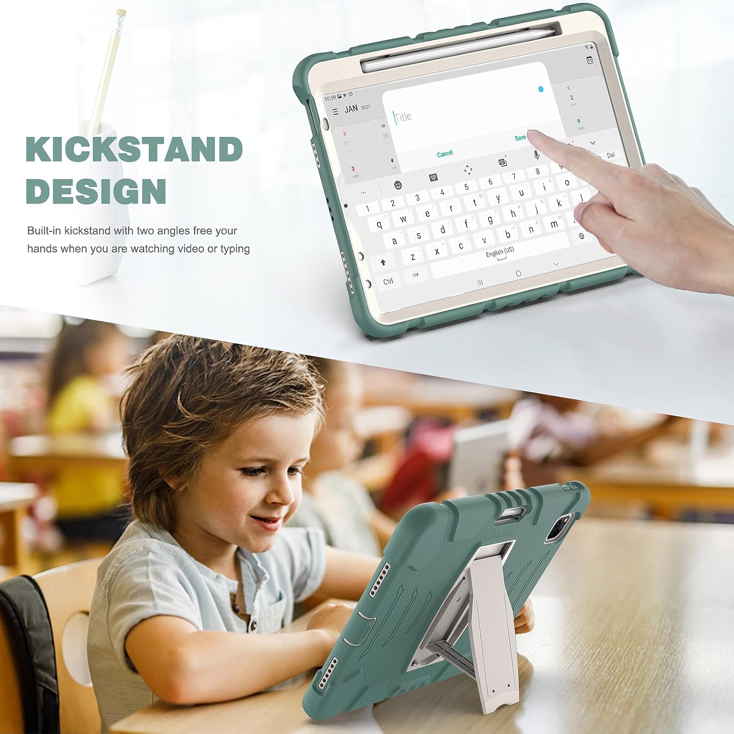 Husa antisoc tableta pentru iPad Air 4/5 10.9" si Pro 11", suport picior 2 unghiuri, slot creion, verde smarald