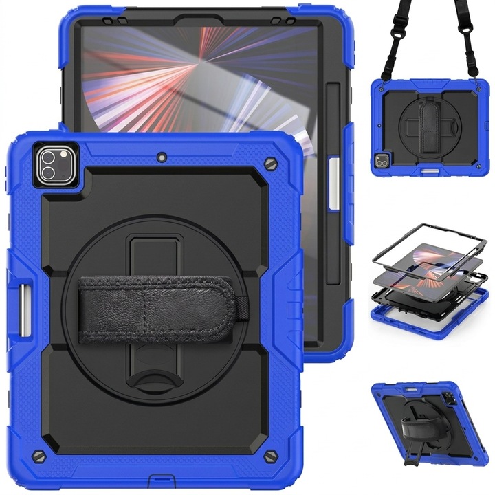 Husa antisoc tableta pentru iPad Air 4/5 10.9" si Pro 11", suport rotativ 360°, maner, curea de umar, albastru