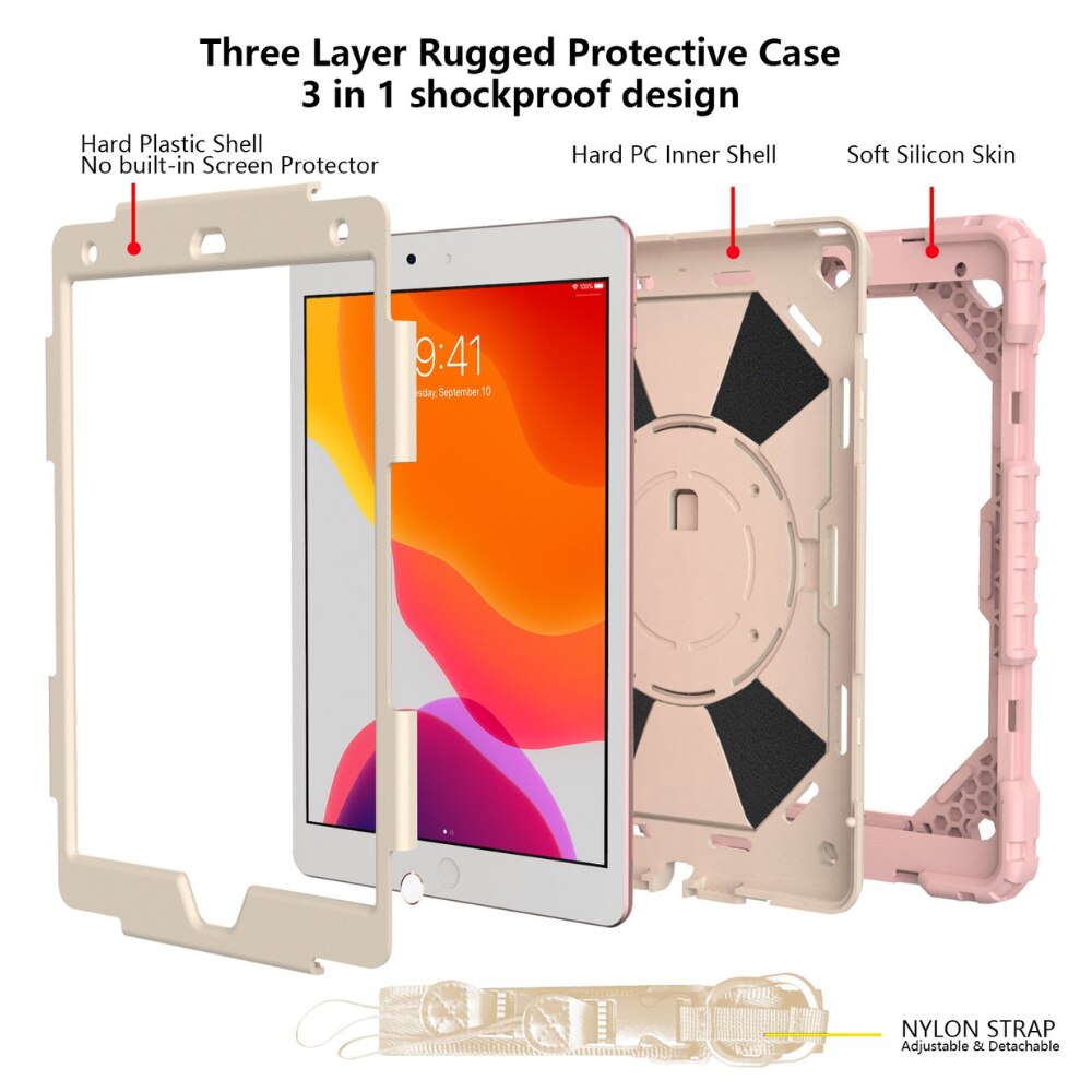 Husa tableta antisoc pentru iPad 9.7 inch gen 5/6 si Air 1/2, protectie 3 in 1, suport rotativ 360°, maner si curea de umar, roz