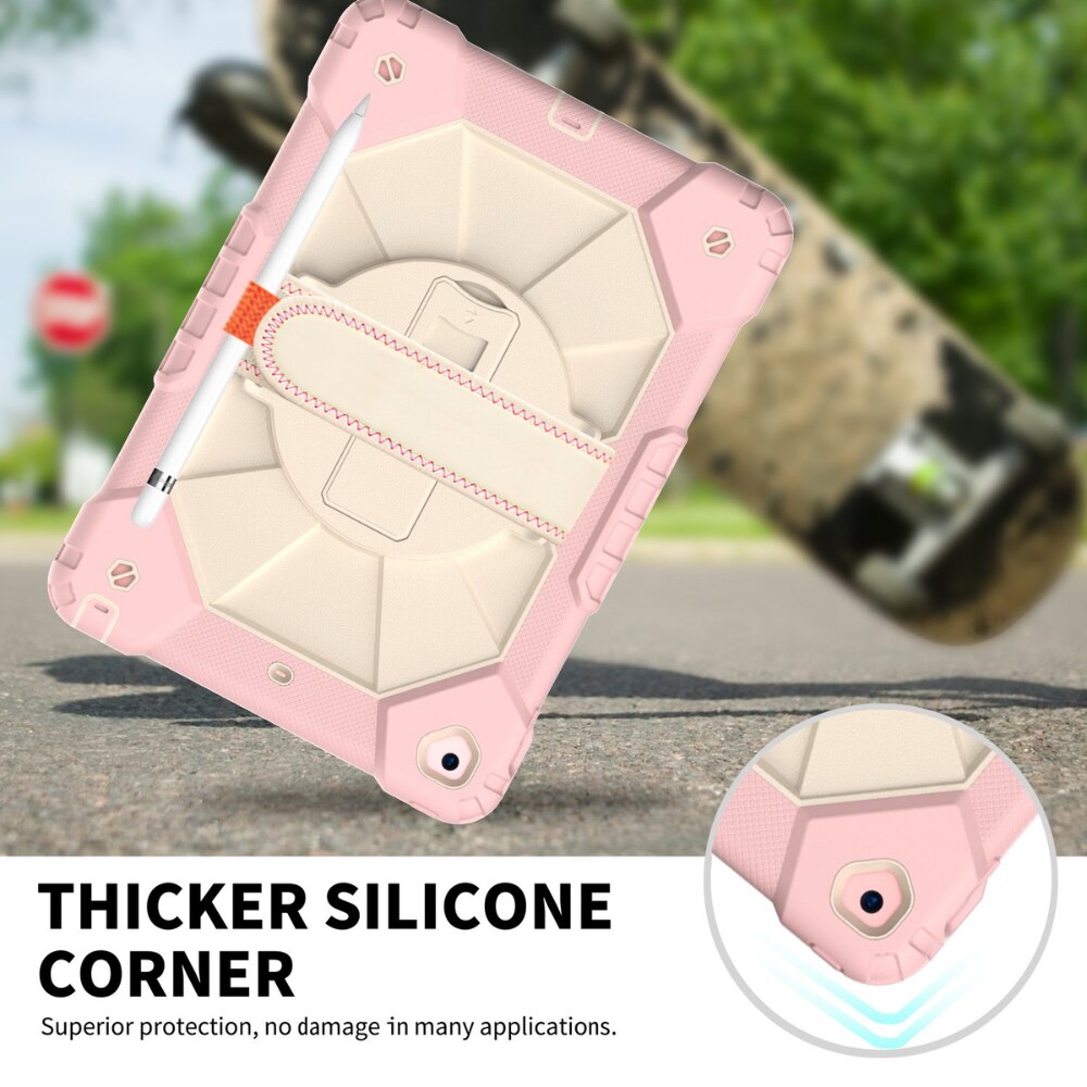 Husa tableta antisoc pentru iPad 9.7 inch gen 5/6 si Air 1/2, protectie 3 in 1, suport rotativ 360°, maner si curea de umar, roz
