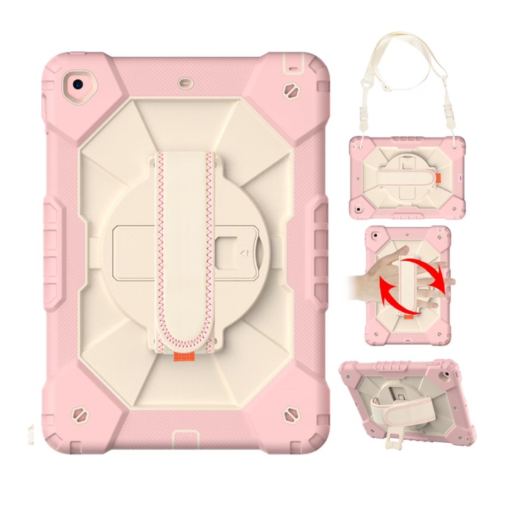 Husa tableta antisoc pentru iPad 9.7 inch gen 5/6 si Air 1/2, protectie 3 in 1, suport rotativ 360°, maner si curea de umar, roz
