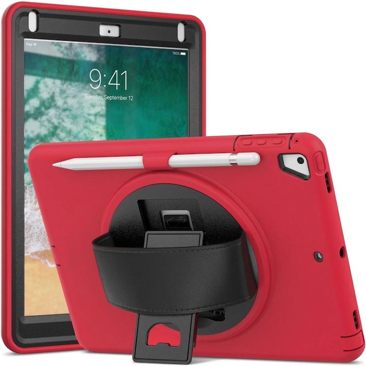 Husa tableta antisoc pentru iPad 9.7 inch gen 5/6 si Air 1/2, suport rotativ 360°, maner din piele, slot creion, rosu cu negru