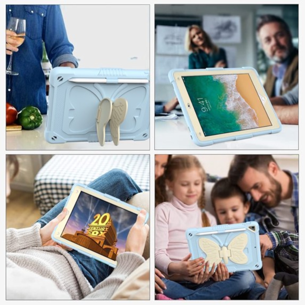Husa tableta antisoc pentru iPad 9.7 inch gen 5/6 si Air 1/2, model fluture, suport pliabil, slot creion, curea de umar, albastru