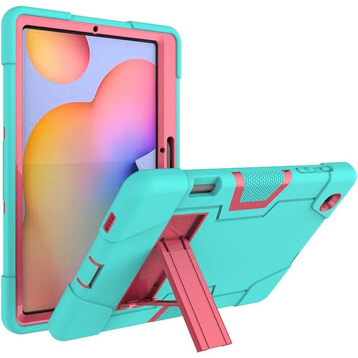 Husa antisoc tableta pentru Samsung Galaxy Tab S6 Lite 10.4" (P610/P613), suport picior, turcoaz cu roz