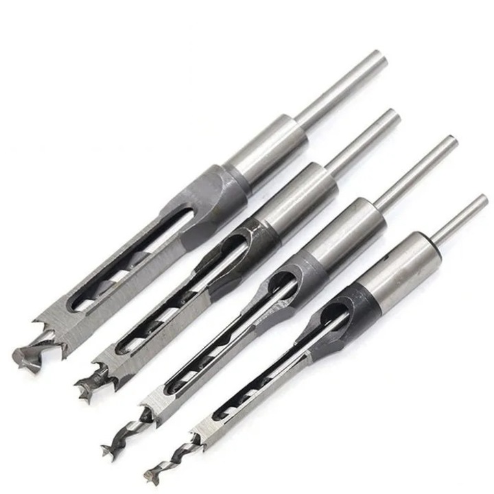 Set 4 freze pentru gauri patrate MI-08187475, din otel rapid HSS calit HRC48-50, diametre 6.35/7.94/9.5/12.7 mm, argintiu