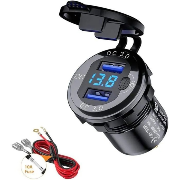 Incarcator auto USB dual QC 3.0 cdiscount-cws-260824-15, 2 x 36W, voltmetru LED, siguranta 10A, negru