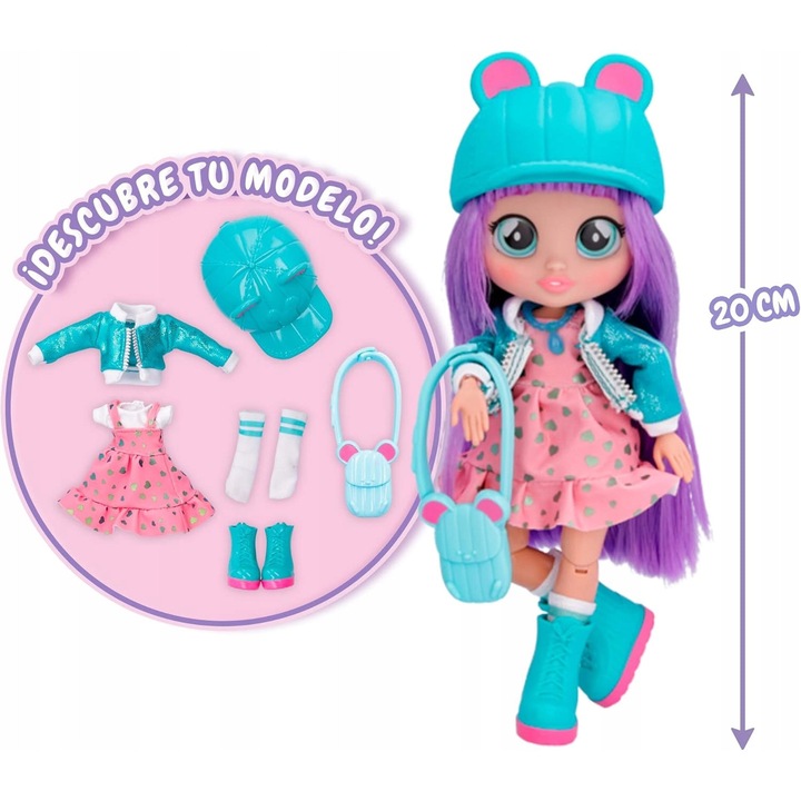Papusa Cry Babies Lala BFF Seria 2 E494DSXGS2R, 20 cm, par violet, 6 articulatii mobile, include tinuta si accesorii, multicolor