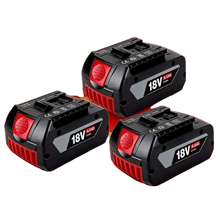 Baterie Li-ion 18V 6.0Ah, 6000mAh, compatibila cu scule 18V, negru/rosu, set 2 buc