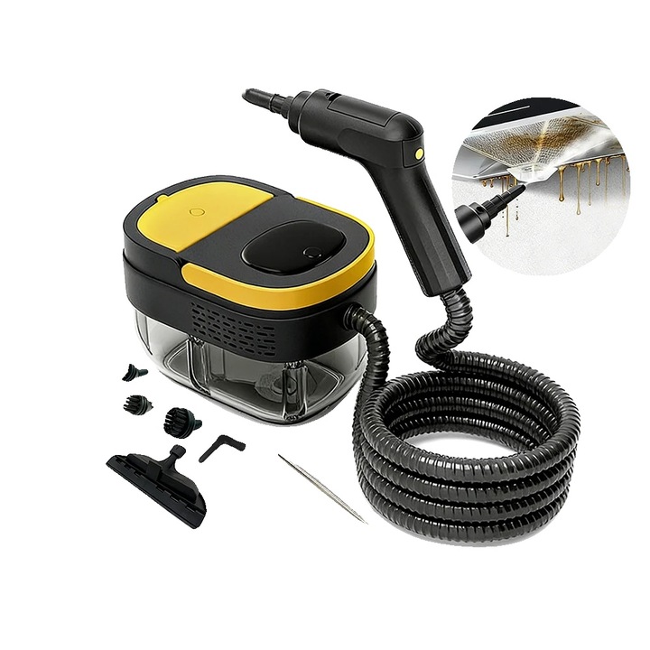 Aparat de curatat cu abur portabil 8785368773101, 2500 W, rezervor 1.6 L, presiune 3 bar, 3 trepte abur, max. 100°C, negru/galben