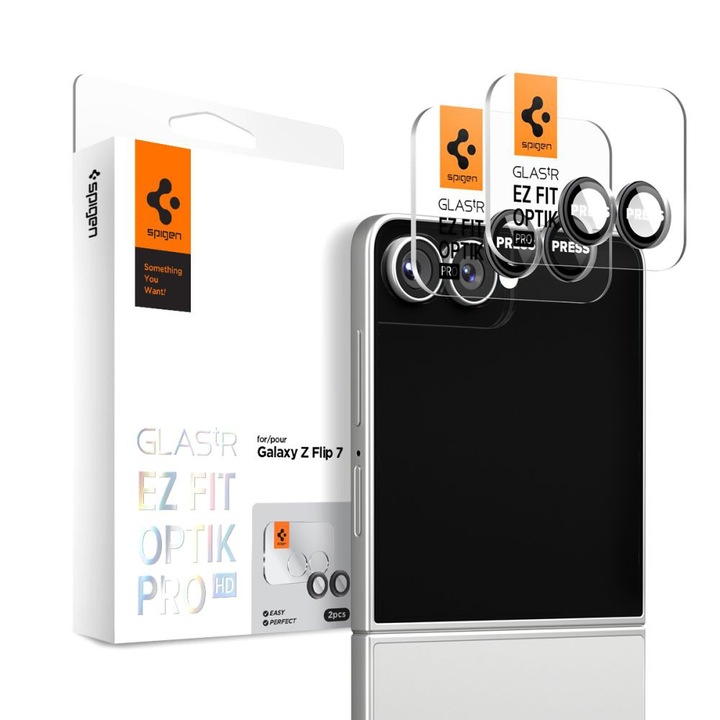2x kamera védőfólia készlet Samsung Galaxy Z Flip 8 Spigen Glas.tR EZ Fit Optik Pro HD-hez, Automata applikátor, Karcálló, Ütésálló, Könnyű telepítés, Prémium védelem, Fekete