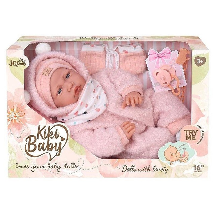 Papusa bebelus ADAR 802696, cu sunet, din vinil, costum roz cu accesorii, 40 cm, in cutie cu fereastra