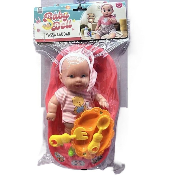 Papusa bebelus Adar 802689, 20 cm, vinil, cu cada si accesorii de hranire, multicolor