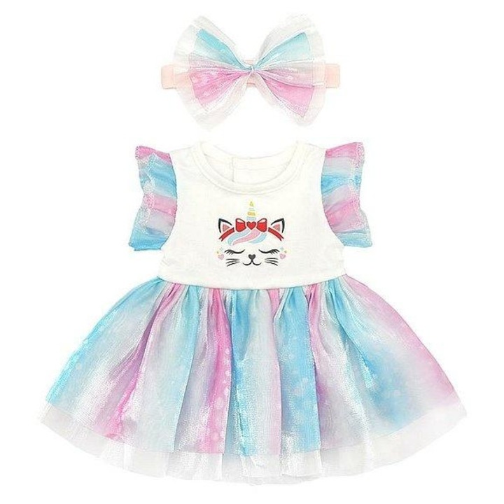 ADAR, rochie pentru papusa — set rochie si bentita cu imprimeu unicorn si volanase, multicolor