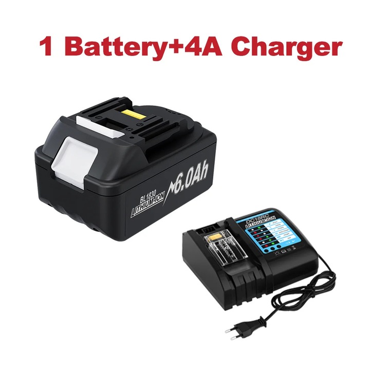 Acumulator pentru scule Makita 18V, BL1830/BL1860 Li-Ion, baterie de inlocuire 6, 0Ah, incarcator rapid 4A, set 1x acumulator