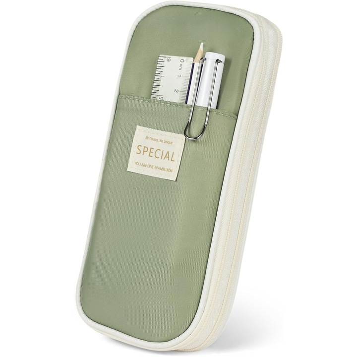 Penar extensibil din poliester, capacitate mare cu compartimente multiple, verde, 22.5 x 10 x 7 cm