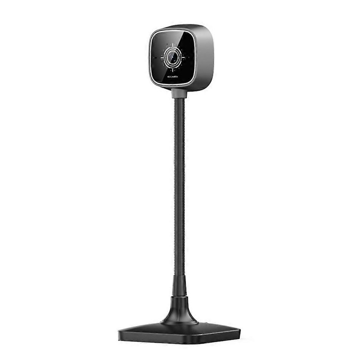 Уеб камера FRU-CJK0424-260918-294, HD с вграден микрофон с AI намаляване на шума, USB plug-and-play, гъвкаво рамо на 360°, двойна защита против удар, черна
