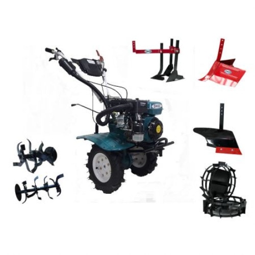 Set motocultor HS1000B, 7 CP, latime maxima de lucru 100 cm, far iluminare si capota + roti metalice 320 mm cu manicot + plug arat + rarita mobila + prasitoare
