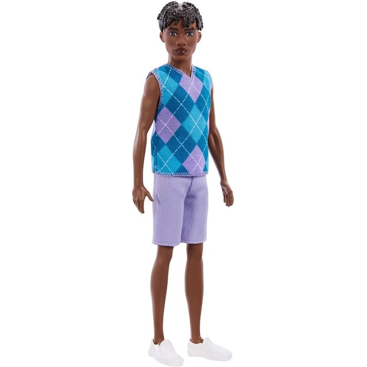 Papusa Ken Mattel Fashionistas 253 (JJN67) cu vesta argyle turcoaz si lavanda si pantaloni lavanda, ten inchis, multicolor