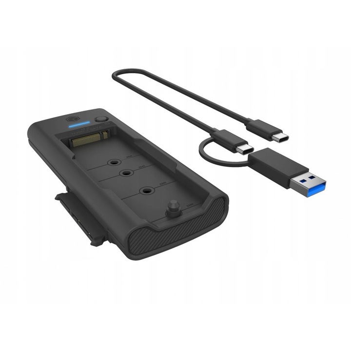 Докинг станция за SSD IcyBox IB-180MS-C31 за M.2 NVMe/SATA и 2,5/3,5" SATA, USB 3.2 Gen 2 10 Gbit/s, включен комбиниран кабел USB-C/USB-A, черна, 113 x 55 x 15 мм
