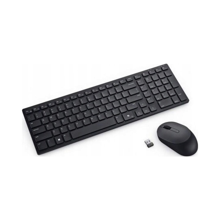 Безжична клавиатура и мишка Dell KM555, USB 2.4 GHz + Bluetooth 5.1 приемник, пълноразмерна QWERTY US International клавиатура с цифров блок и програмируеми бързи клавиши, оптична мишка 4020 DPI, черна, комплект 2 бр. (1JUBQCNDQ)