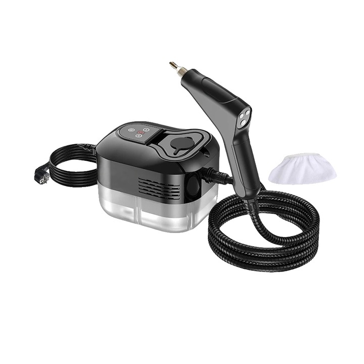 Curatator cu abur de mana 8785368773125, 1500W, pana la 130°C, 6 niveluri reglabile, perii nylon si alama, tija extensibila, pensula pentru geam, negru