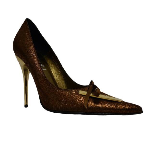 Pantofi cu toc subtire, detaliu auriu, D&J Exclusive, Maro