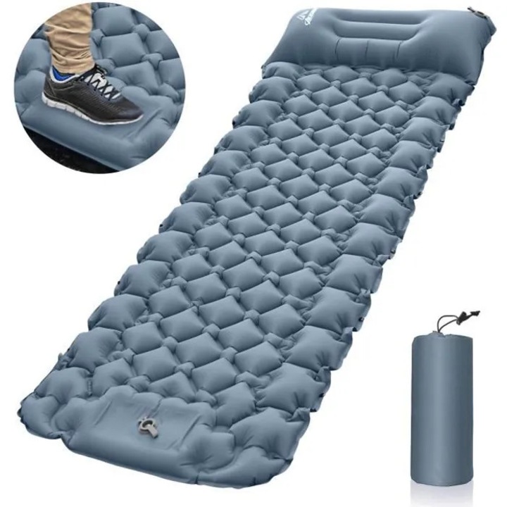 Saltea autoumflanta de camping K0441-0708-QH539, 10 cm grosime, 200 x 69 x 10 cm, 40D ripstop nylon cu strat TPU, pompa cu picior, ultrausoara 0.83 kg, pliabila, rezistenta la apa, albastru-gri