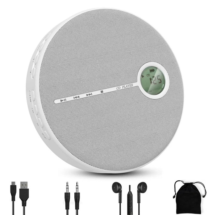 CD player portabil K0441-0714-QH281, Bluetooth, USB, AUX, difuzor incorporat, baterie reincarcabila 2000 mAh, afisaj LCD, anti-skip, gri