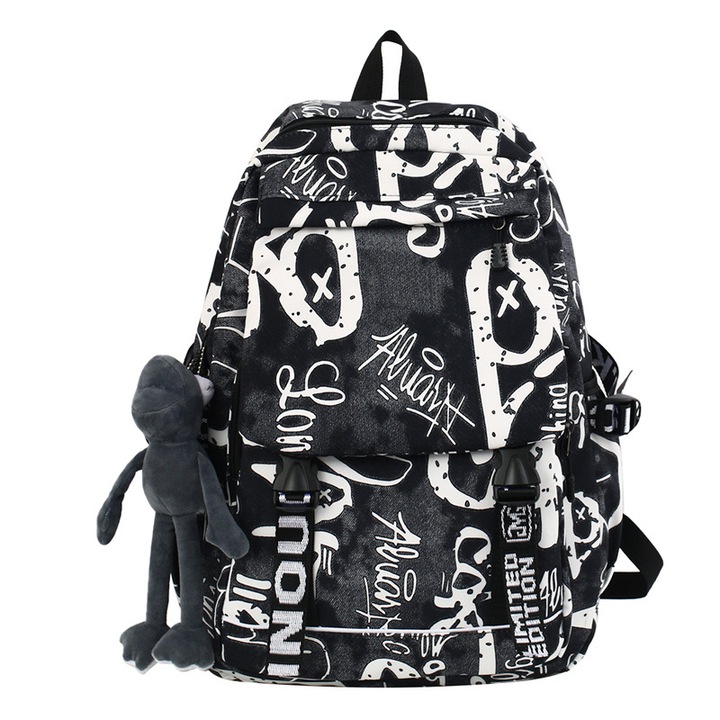 Rucsac textil unisex cu print graffiti, impermeabil, buzunare multiple, K0441-0729-QH731, negru/alb