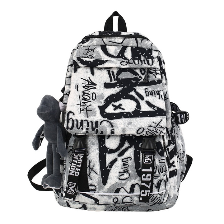 Rucsac textil cu imprimeu graffiti K0441-0729-QH730, rezistent la apa, buzunare multiple, unisex, negru/alb