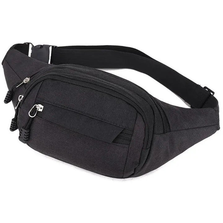 Borseta de talie din oxford cu multiple compartimente K0441-0804-QH866, negru, 28x14x10 cm