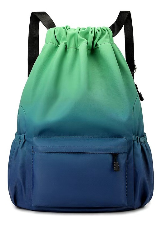 Rucsac tip sac cu snur din material textil, capacitate mare, rezistent la apa, buzunar frontal, verde/albastru